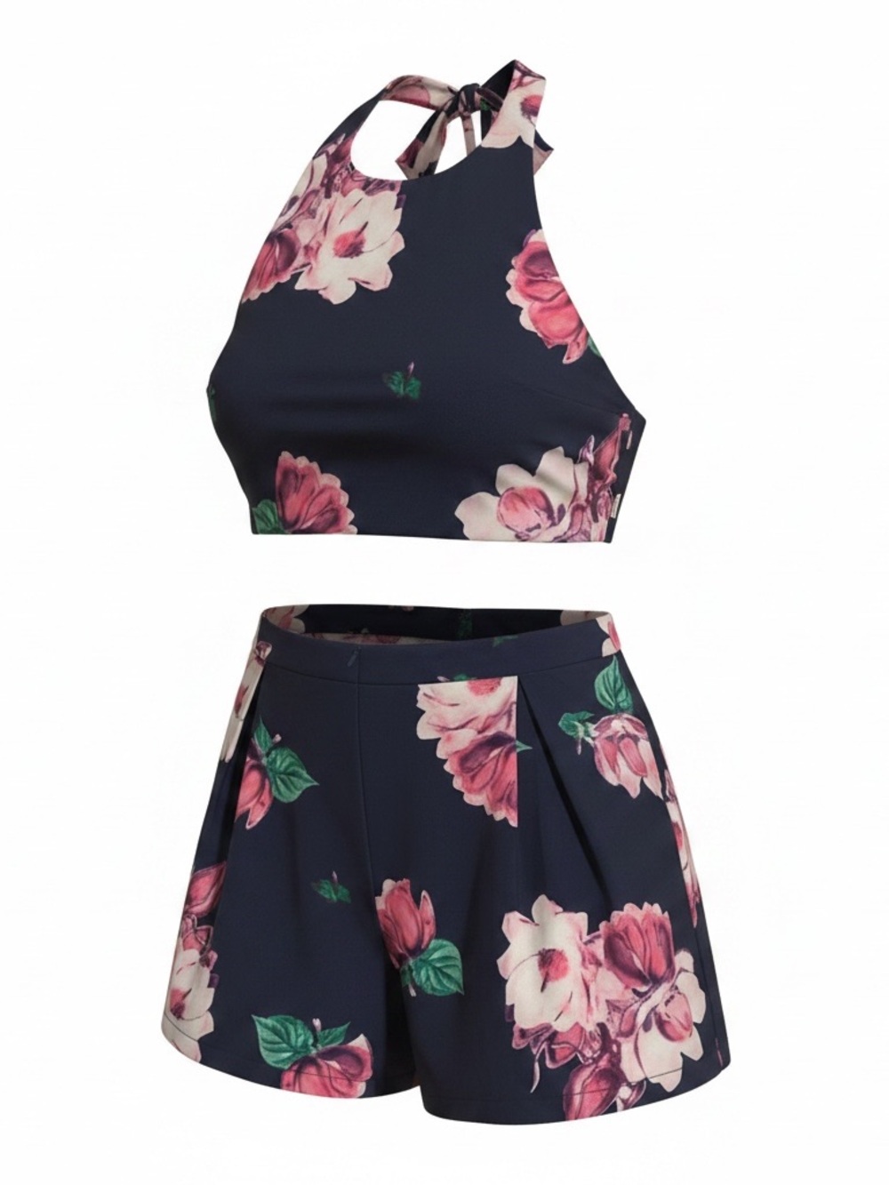 Floral Navy Halter Crop Romper Set with Pink Blooms